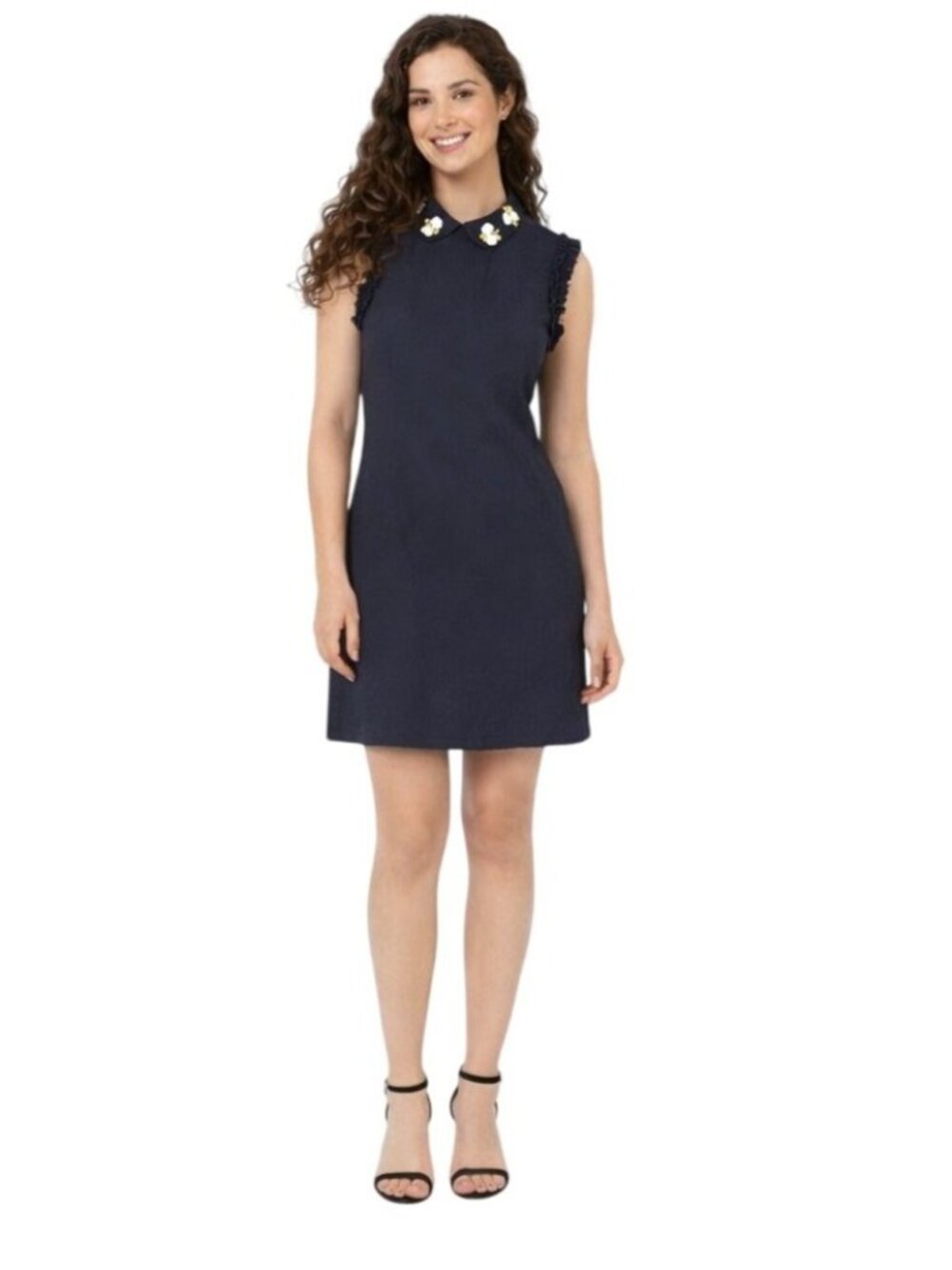 ZARA Trafaluc Navy Blue Medium Ruffle Mini Dress Floral Embellished Collar